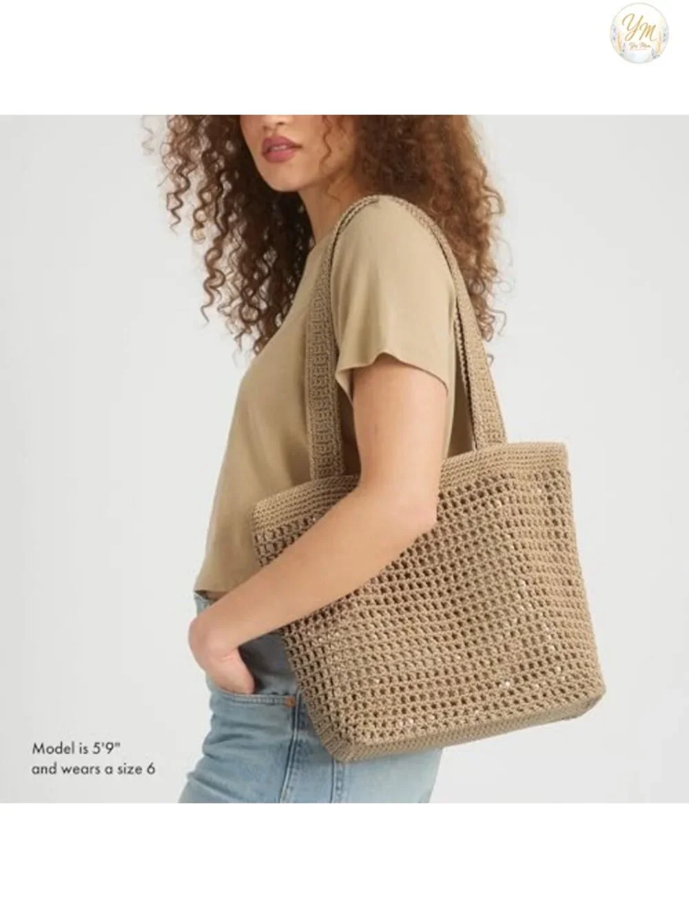 Hand Crochet Tote Bag with Double Shoulder Straps, Recycled Lining, Roomy